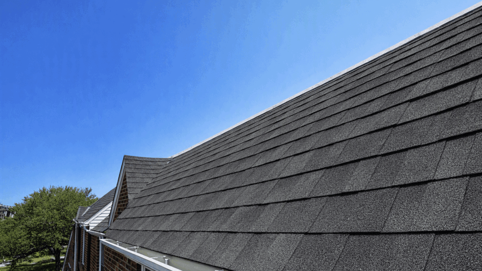 Sloped roof with dark GAF Timberline NS Shingles and 5K gutter at the eave