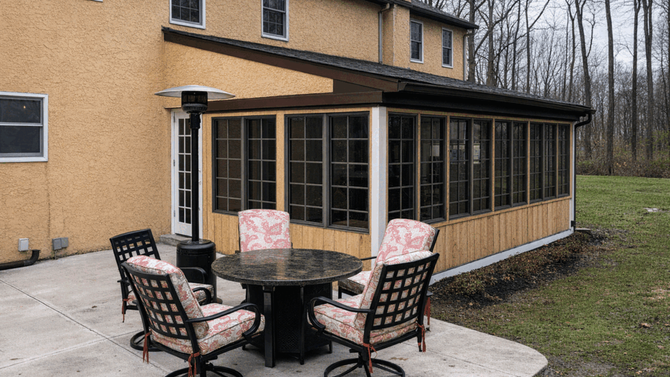 Back patio with table and chairs beside an enclosed glass sunroom.