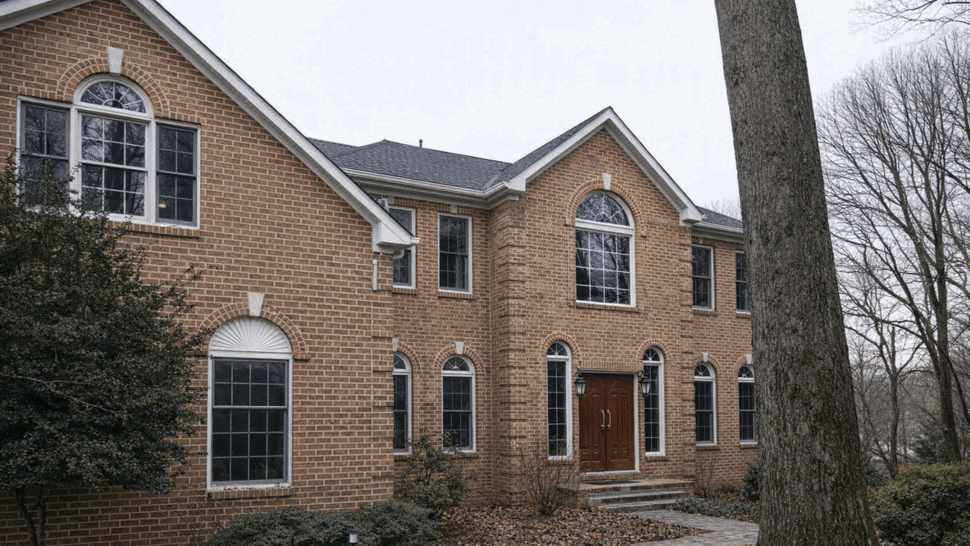 Front Brick Home Roof and Entry | Tycos Roofing And Siding Inc Two-story brick house with shingled roof and double front doors