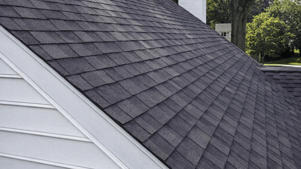 Asphalt shingle roof slope | Tycos Roofing And Siding Inc Close-up of dark asphalt shingle roof slope with chimney in background