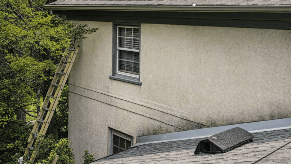 Roof shingles with scattered branches and eave area under inspection