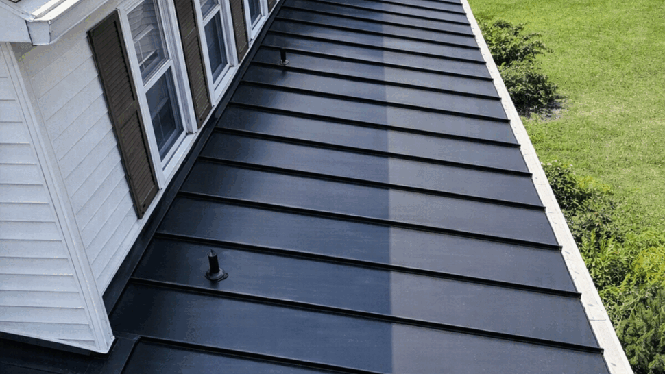 Close-up of black standing seam metal roof panels and gutter