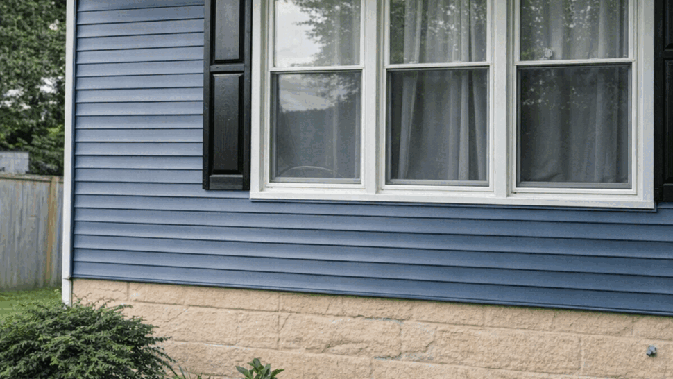 Blue Siding and Windows | Tycos Roofing And Siding Inc Blue horizontal siding surrounding three white-trimmed windows.