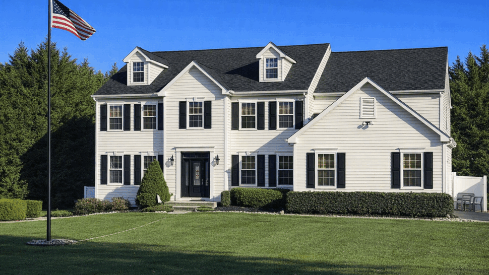 Front view of two-story colonial house with black shingle roof and white siding