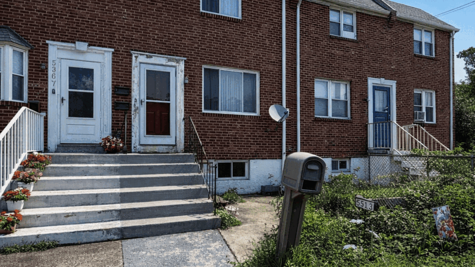 Brick rowhouse front entrance with steps, mailbox, and two doors.