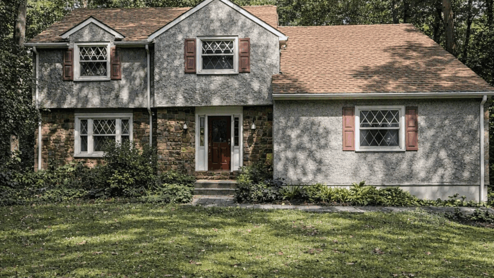 Front view of a two-story wooded colonial home with tan siding, pink shutters, and a red door.