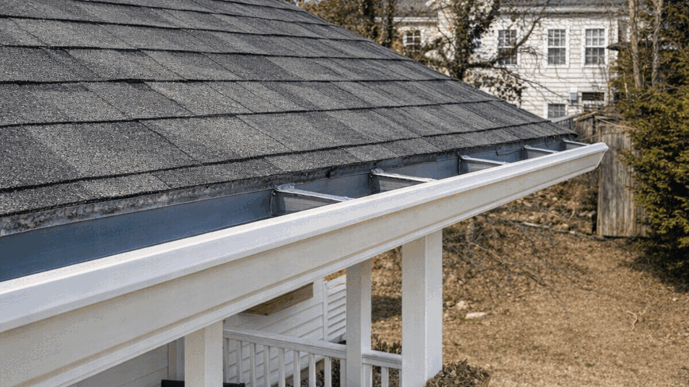 Seamless Gutter Along Porch Roof | Tycos Roofing And Siding Inc Close-up of white seamless gutter along porch roof with patio chairs below.