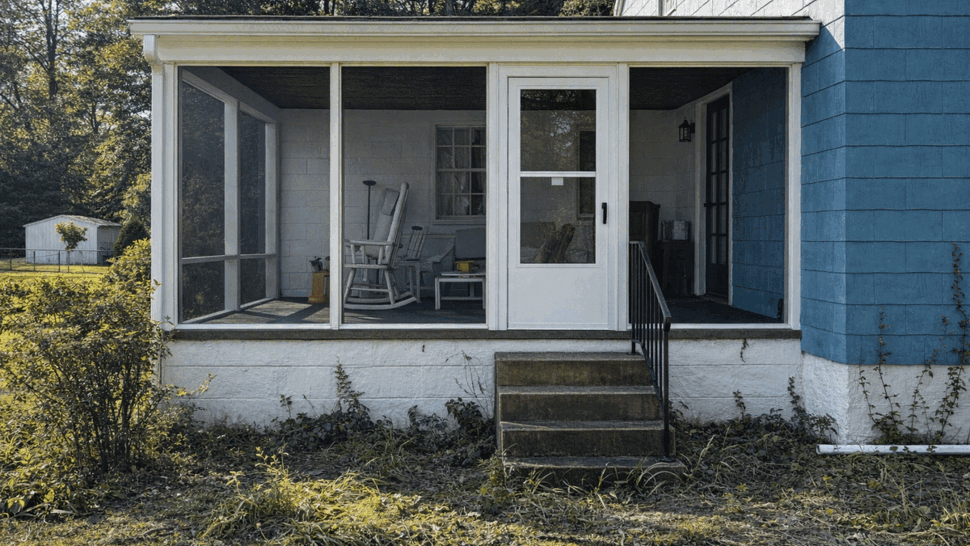 Screened Porch Front View | Tycos Roofing And Siding Inc Front view of a screened porch with white framing and entry door