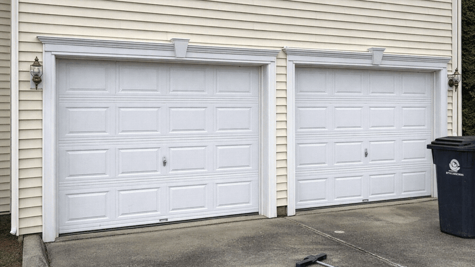 White Garage Doors | Tycos Roofing And Siding Inc Two white paneled garage doors beneath cream siding with a downspout