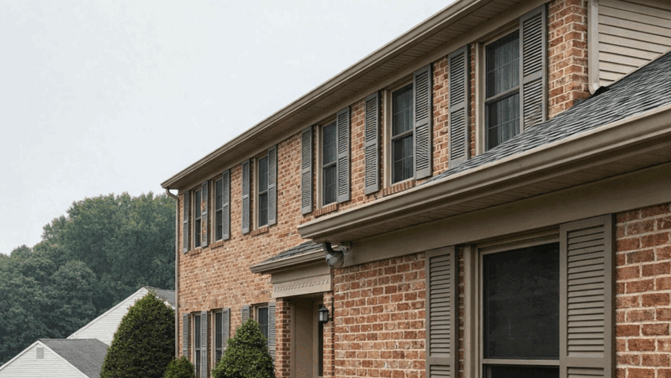Side view of a brick facade showing gutters, shutters and upper windows.