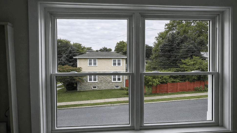 Interior double-hung window overlooking street | Tycos Roofing And Siding Inc Interior view through a white double-hung window overlooking a street