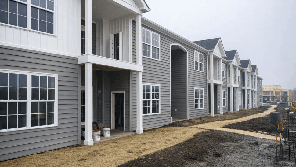 Long row of two-story apartments with gray siding and white trim during construction