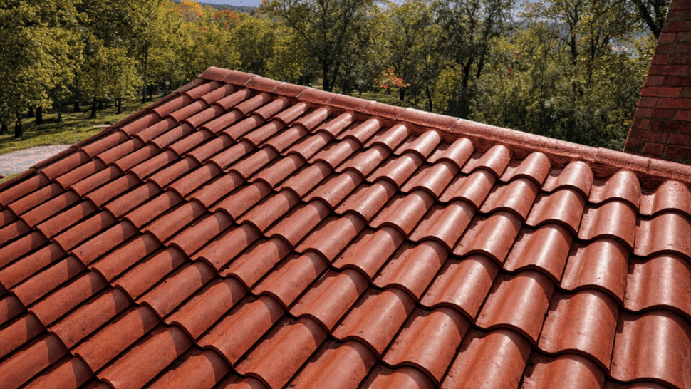 Close-up of red curved clay roof tiles with sky in background