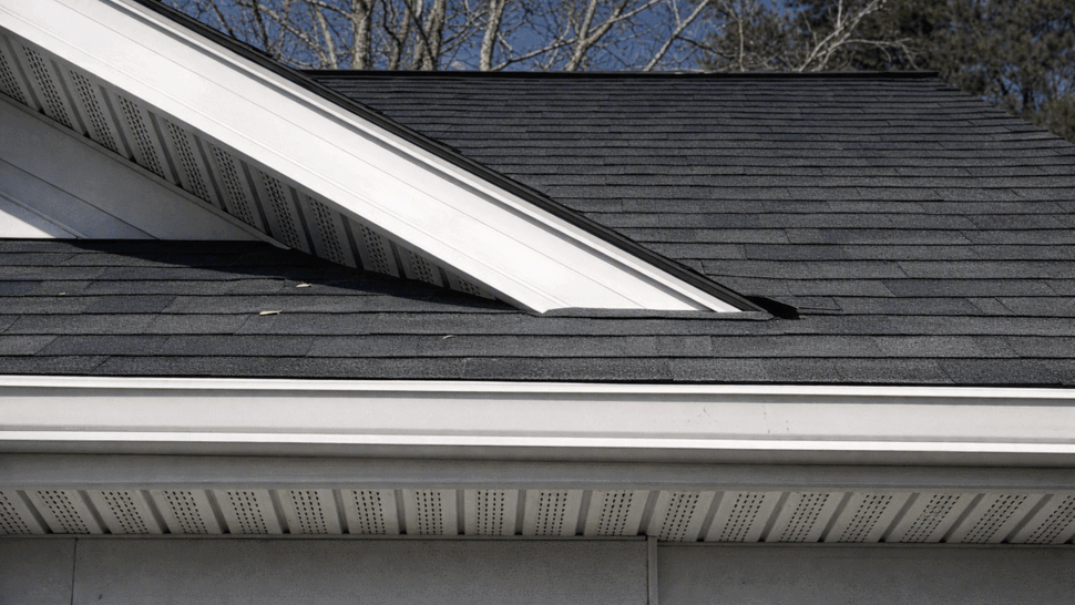 Gutter and roof close-up | Tycos Roofing And Siding Inc Close-up of shingled roof, gutter and perforated soffit.