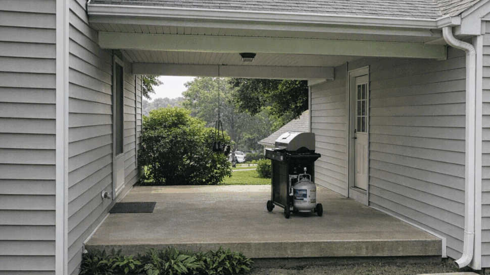Covered patio with gutter, downspout, concrete slab and a grill.