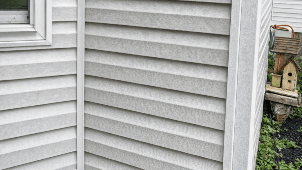 Siding and Foundation Detail | Tycos Roofing And Siding Inc Close-up of vinyl siding, trim, and concrete foundation near a downspout.