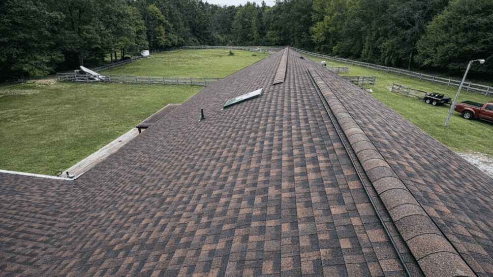 Aerial perspective of large shingled roof with skylight and ridge