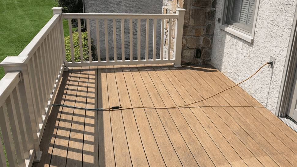 Composite deck with white railing beside a stucco and stone home