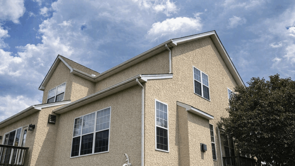 Two-story stucco house with white trim, windows and gutters under a cloudy sky