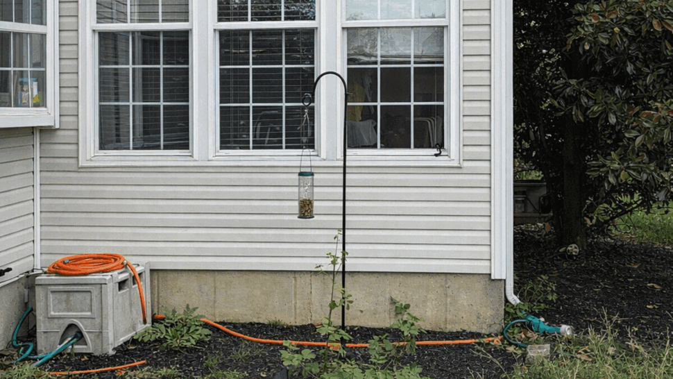 Double Windows and Siding Inspection | Tycos Roofing And Siding Inc White vinyl siding with double windows above a small garden area.