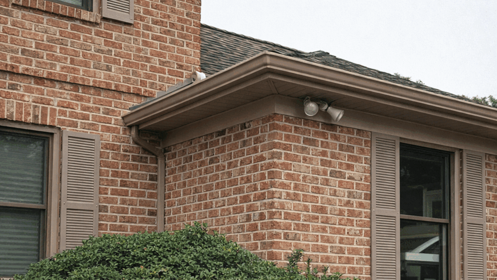 Close-up of a roof corner, soffit and downspout over a brick wall.