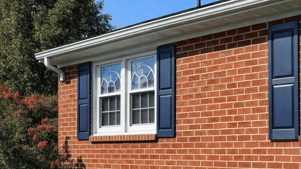 Double window on brick exterior | Tycos Roofing And Siding Inc Brick exterior with double window, blue shutters and white gutter