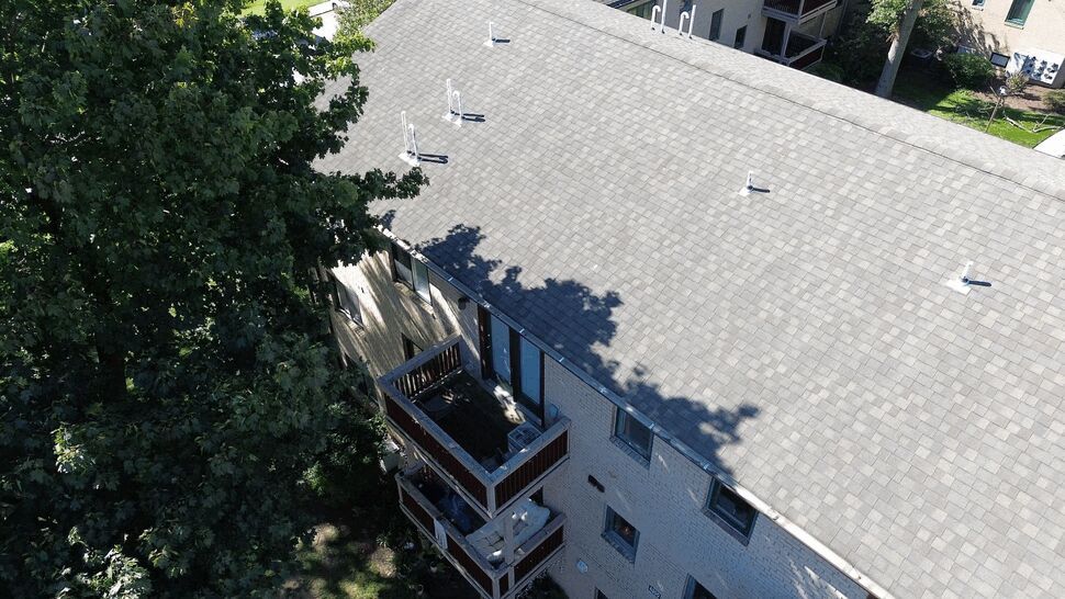 Expansive shingled roof with vents | Tycos Roofing And Siding Inc Large shingled roof with tree shadow and several roof-mounted vents.