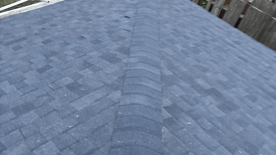 Blue-gray asphalt shingle roof ridge with backyard in view
