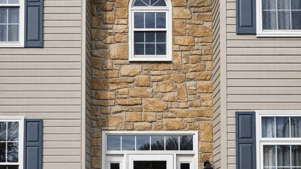 White Storm Entry Door with Stone Veneer | Tycos Roofing And Siding Inc Two-story entry with stone veneer, white storm door and beige vinyl siding under a blue sky