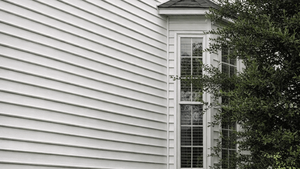 Vinyl Siding Around Bay Window | Tycos Roofing And Siding Inc Large white vinyl siding wall with a bay window and nearby shrubbery.