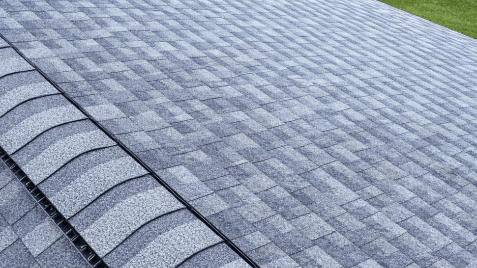 Expansive Shingled Roof with Ridge Vent | Tycos Roofing And Siding Inc Wide view of a freshly shingled roof with a ridge vent and street below.