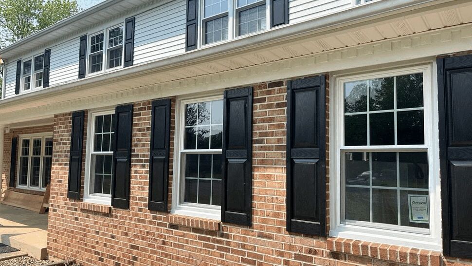 Brick Facade with New Windows | Tycos Roofing And Siding Inc Brick exterior with evenly spaced double-hung windows and black shutters