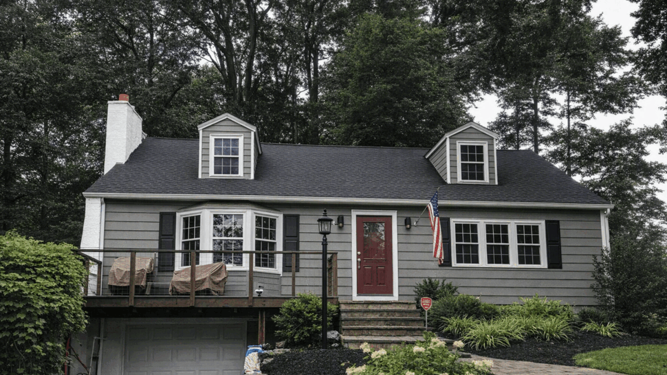 Front view of gray house with red door, dormers, deck and asphalt roof