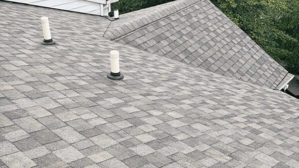 Close-up of grey asphalt shingle roof with two plumbing vents and surrounding gutters.