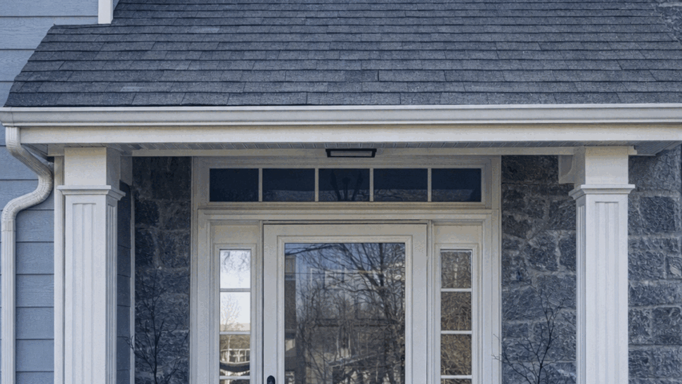 Front stone entry with storm door, sidelights and small shingled porch roof