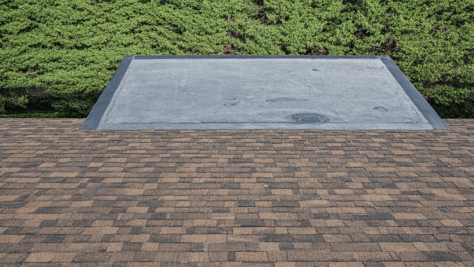 Brown shingle roof with a gray flat roof section and trees behind it.
