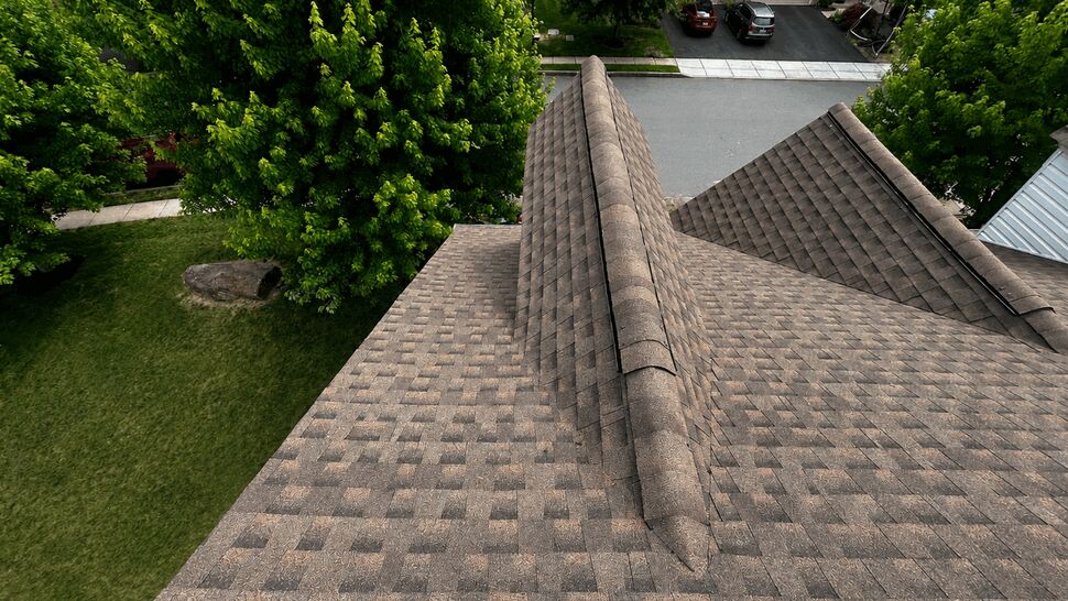 Top-down view of a central roof ridge above a tree-lined street