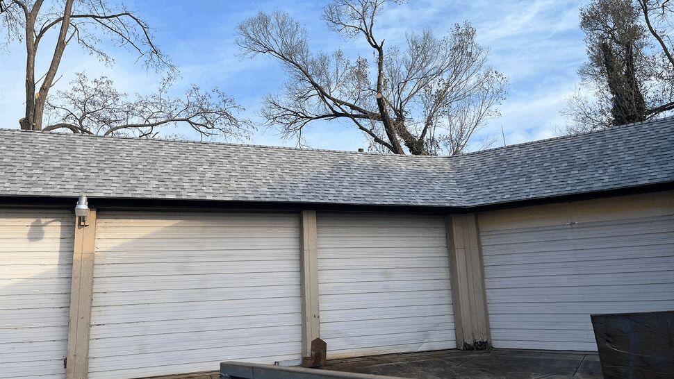 Low-angle view of continuous shingled roofline above multiple roller doors