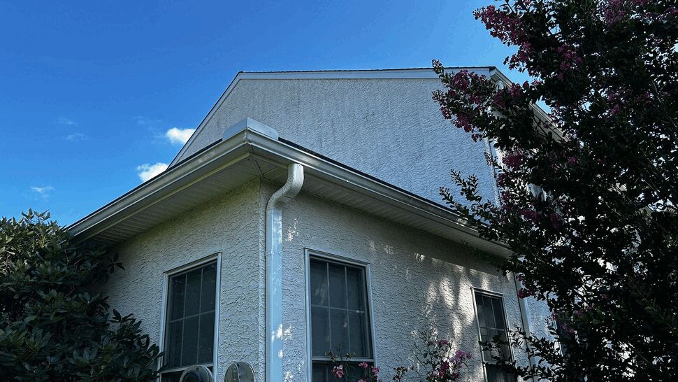 House corner with white gutter and downspout beside flowering shrubs