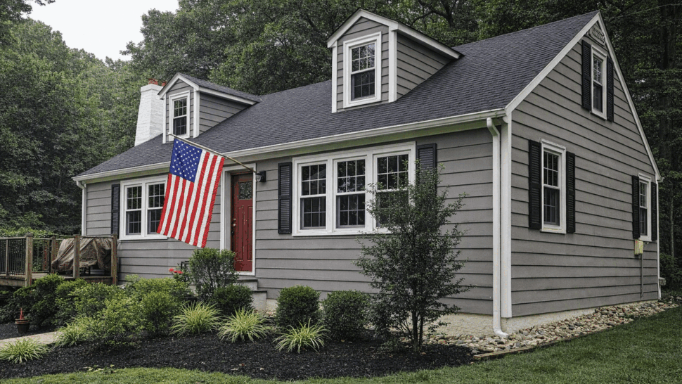 Gray sided home with American flag, shrubs, deck and asphalt roof