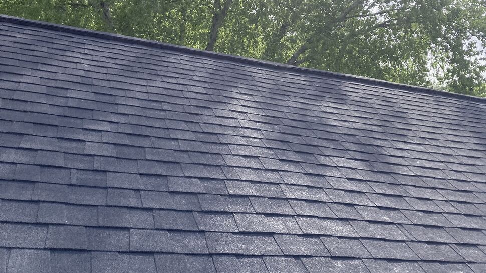 Close-up of dark asphalt shingle roof with trees in the background