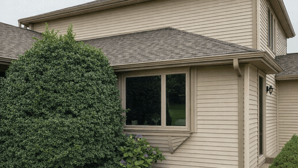 Bay window set in beige siding with landscaping in front.