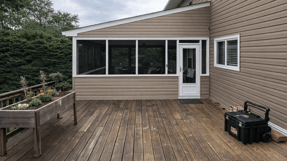 Wide wooden deck leading to a screened porch and door.