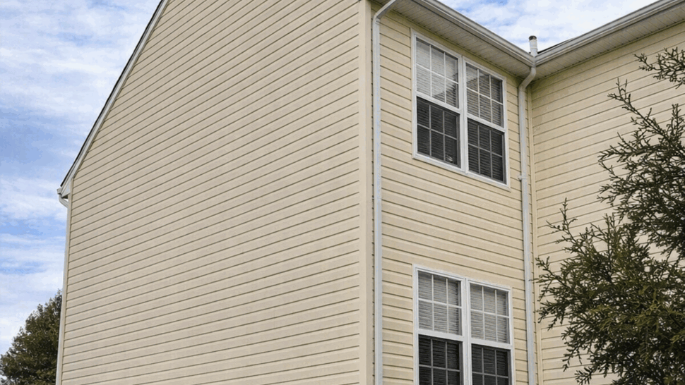 Two-Story Vinyl Siding and Gutters | Tycos Roofing And Siding Inc Two-story beige vinyl siding with roofline gutter and ground-level AC unit
