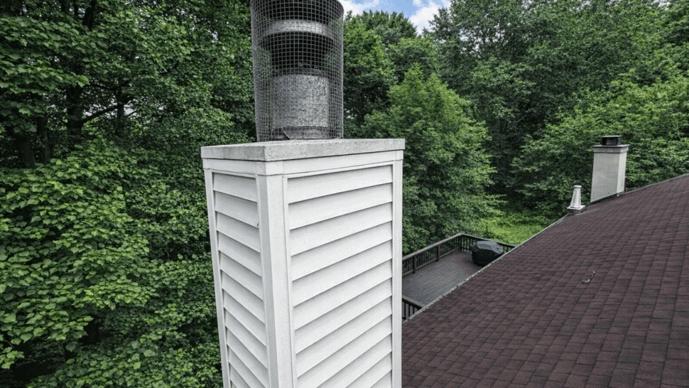 Vinyl-clad chimney chase with metal cap rising above the roof.