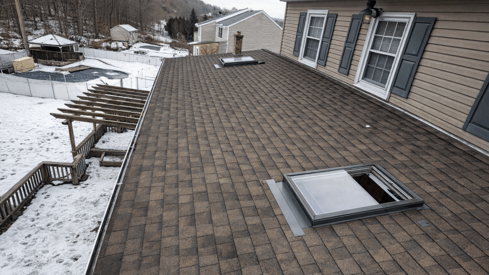 Aerial view of roof edge with skylight, gutters, and deck in light snow