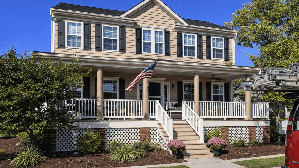 Colonial porch with new siding and windows | Tycos Roofing And Siding Inc Two-story colonial house with beige siding, white porch railing and American flag