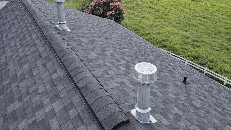 Roof ridge with multiple vents, shingle patterns, and a green open field beyond the homes.