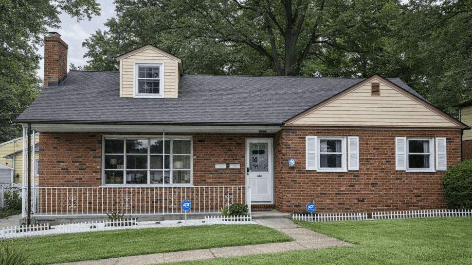 Front brick ranch home with new shingle roof and white shutters