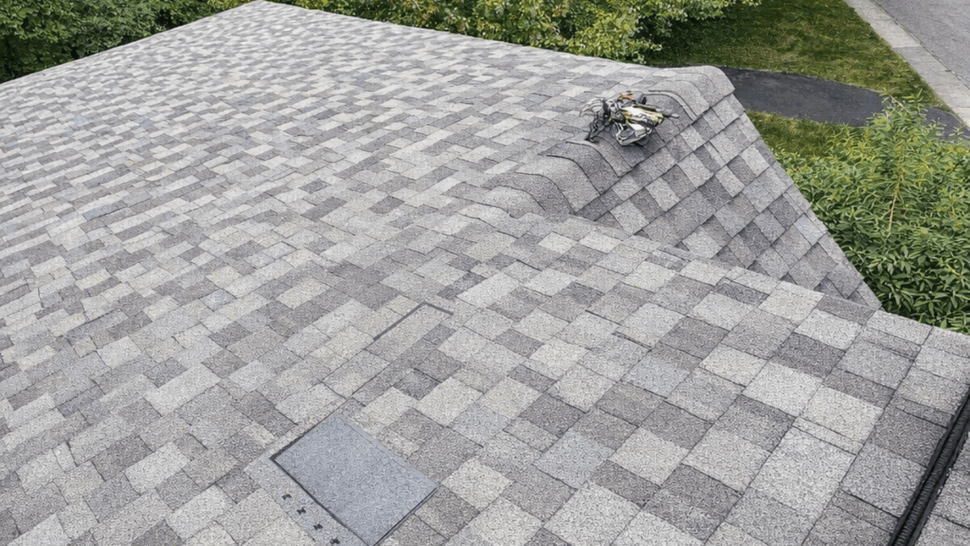 Roof surface showing a replaced shingle patch, ridge vent and nearby trees.